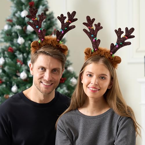 Christmas Light Up Reindeer Headband Set - Cute Holiday Party Favor for Adults & Kids (4 Pack)