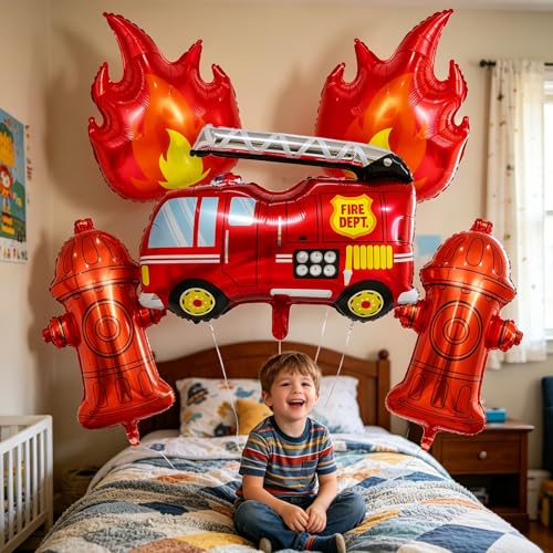 Fire Truck Balloon Decorations Set - 5 Foil Balloons for Kids' Parties
