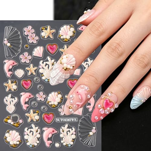 5D Embossed Summer Beach Nail Art Stickers Cute Starfish Crab Decals 2 Sheets