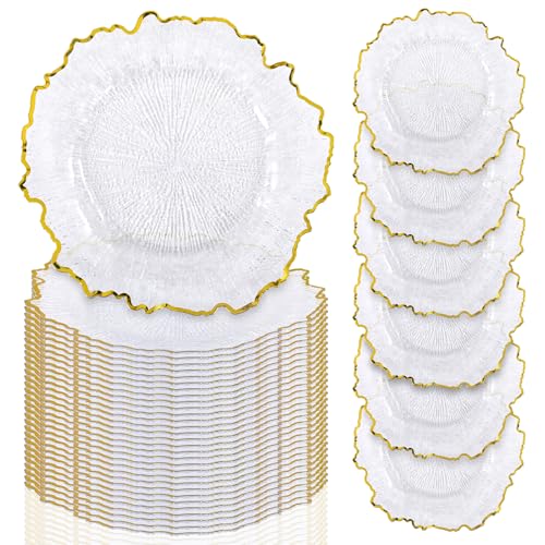 Clear Reef Charger Plates Set of 50 - 13 Inch Gold Rim Acrylic Dining Decor - Variation of THIS listing