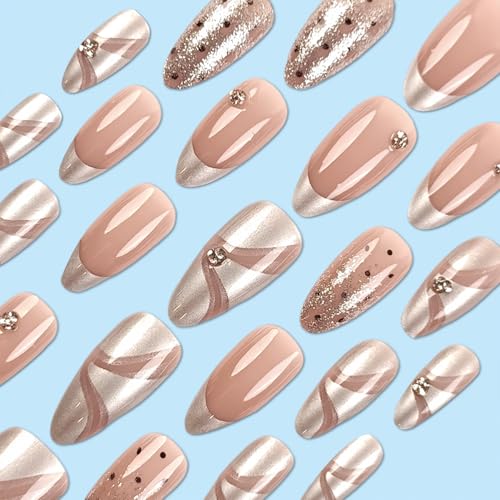 French Tip Press on Nails Medium Almond Polka Dot Ribbon Rhinestone