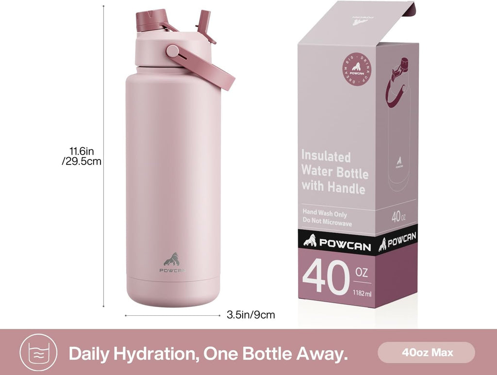 POWCAN 40 oz Insulated Water Bottle - 2-in-1 Straw & Spout Lid, Leak-Proof, BPA-Free | Dried Rose