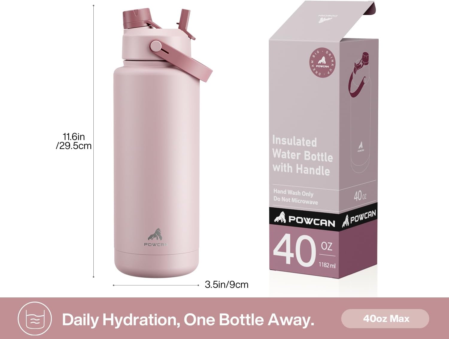 POWCAN 40 oz Insulated Water Bottle - 2-in-1 Straw & Spout Lid, Leak-Proof, BPA-Free | Dried Rose