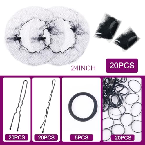 SIKCOSKI 24-Inch Hair Nets Bun Kit with Pins and Hair Ties - Black