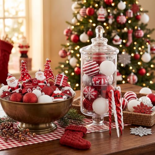 Valery Madelyn Christmas Ball Ornaments Set - Traditional Red & White, 155 pcs