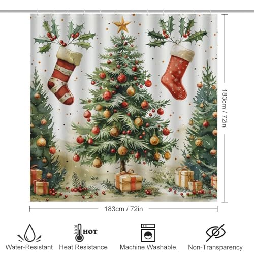 HDESDIS Christmas Pine Tree Shower Curtain Set with Rugs and Toilet Lid Cover - Snowflake Red Sock, 72x72 Inches - Holiday Bathroom Decor