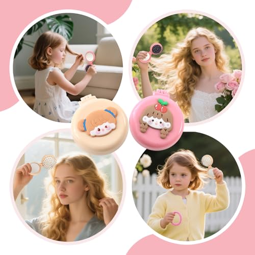 BOROLA Mini Folding Hair Brush with Mirror 2-Pack, Travel Pocket Air Cushion Comb