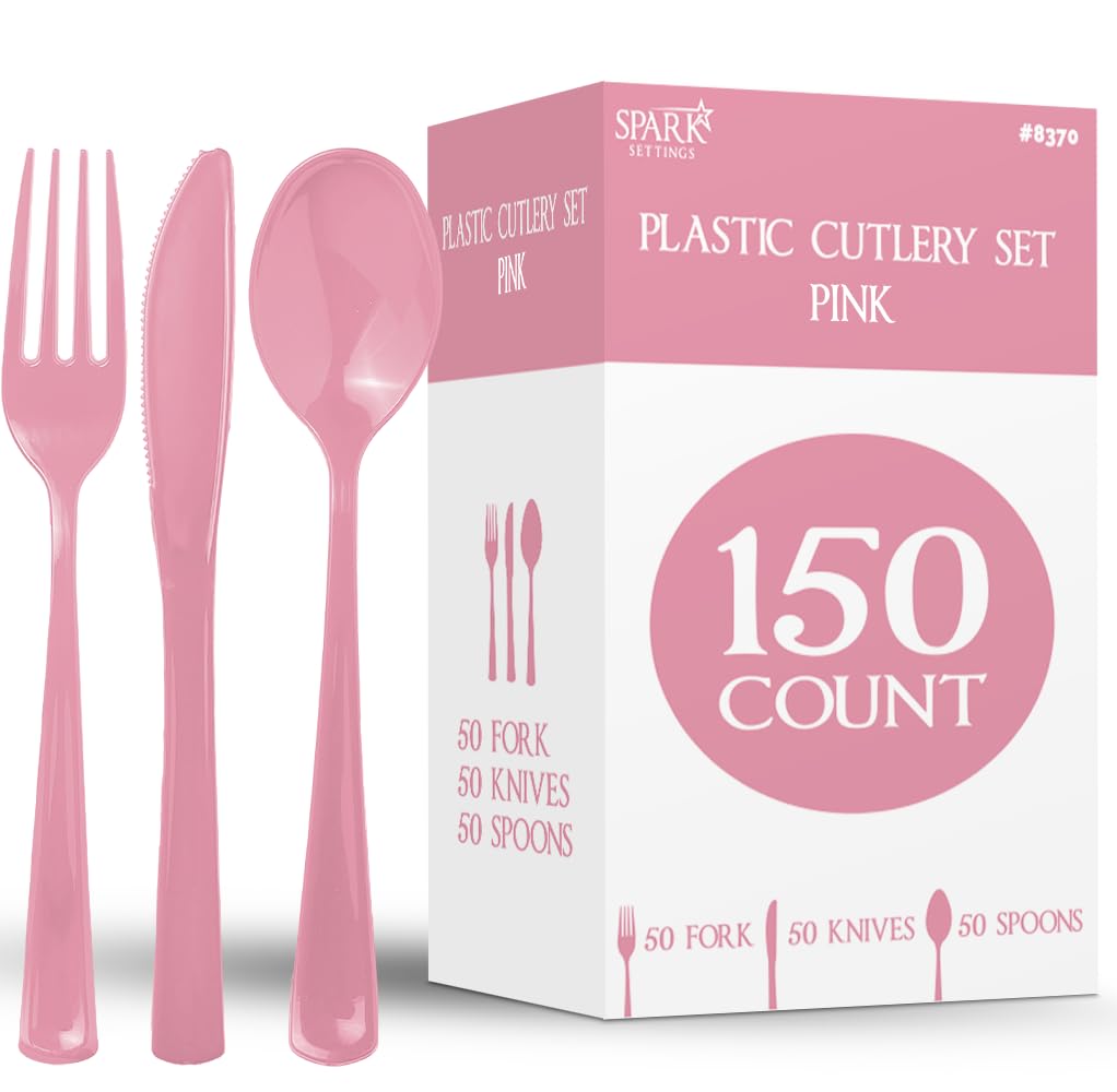 150 Pack Plastic Silverware Heavy Duty, Pink Disposable Cutlery, 50 Spoons, 50 Forks, 50 Knives, Plastic Utensils Set for Home Office School Party Picnics Weddings & More - SparkSettings
