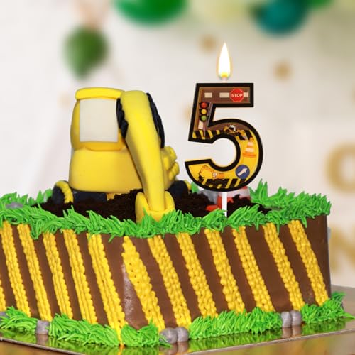 Construction Birthday Candle - Yellow & Black Striped Number 5 Cake Topper