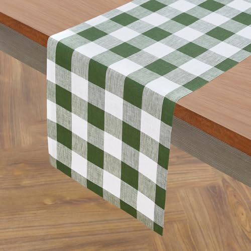 Solino Home Linen Buffalo Check Table Runner 14x108 Inches - Olive Green & White