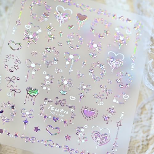 5D Embossed Pink Nail Stickers Self-Adhesive Heart Bow Nail Art Decals