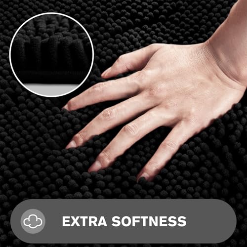 Washable Black Bathroom Rug 12"x18" - Soft Chenille Non-Slip Mat