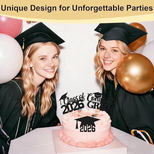 Congrats Grad 2026 Cake Topper Set - Black Glitter Graduation Decor
