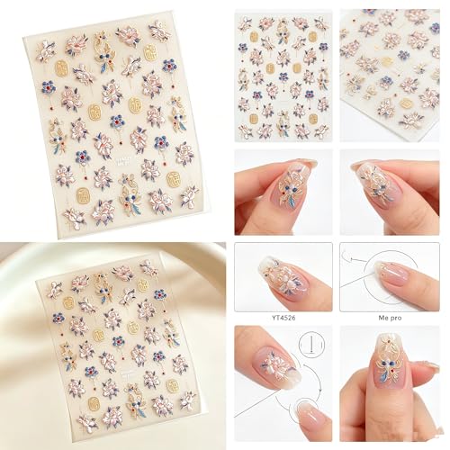 AINIFU Embossed 5D Floral Nail Stickers Gold Flower Decals DIY Manicure