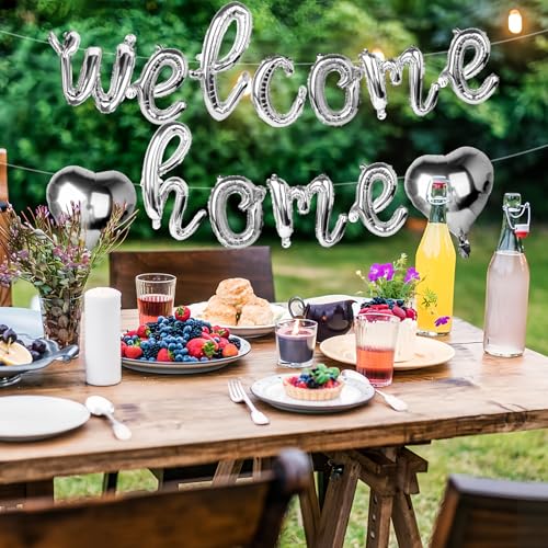 Welcome Home Balloon Banner Set - Silver Foil Letters & Hearts