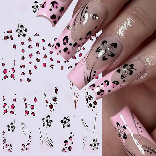 Leopard Print Nail Art Stickers 3D Self-Adhesive French Lines & Hibiscus Flowers