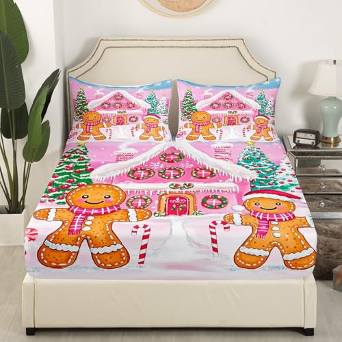 Kids Pink Christmas Sheet Set King Size - Merry Christmas Bedding for Boys & Girls - Variation of Pink White Green