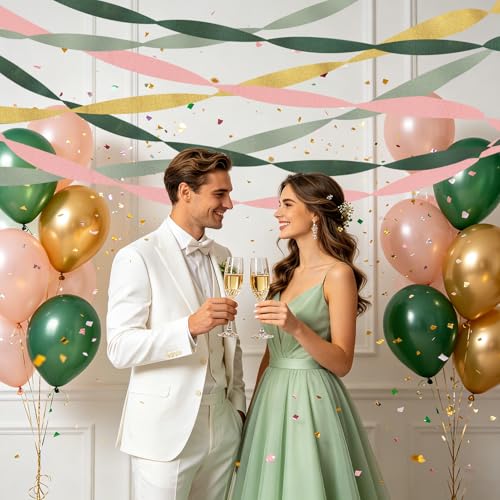 8 Rolls Sage Green Crepe Paper Streamers for Party Decorations, Boho Wedding & Baby Shower, Gold & Pink Variants