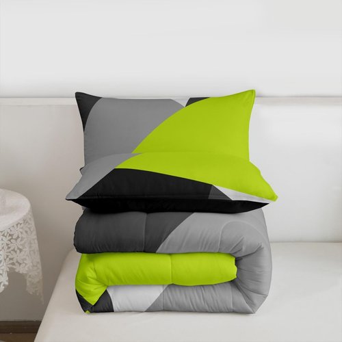 Erosebridal Lime Green Black Grey Bedding Set Geometric Triangle Comforter Set Twin Patchwork Down Comforter for Kids Teen Adults Modern Abstract Quilt Duvet Insert with 1 Pillow Case