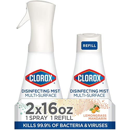 Clorox Disinfecting Mist, Lemongrass Mandarin, Household Essentials, 1 Sprayer Bottle and 1 Refill, 16 Fl Oz Each
