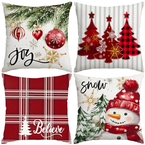 Artmag Christmas Pillow Covers Set of 4 - 18x18 Inch Buffalo Plaid Snowman & Tree