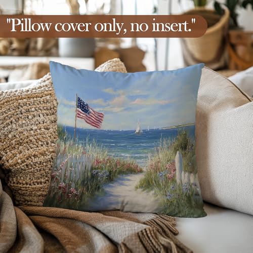 American Road Patriotic Throw Pillow Cover 18x18 - Rustic USA Flag Decor