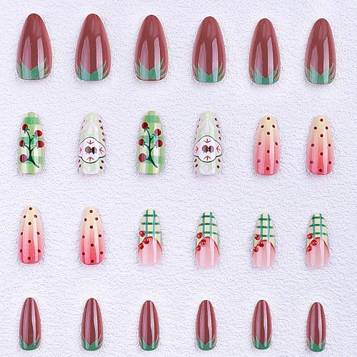 Press On Nails Medium Almond Fruit Theme Reusable Acrylic Fake Nails