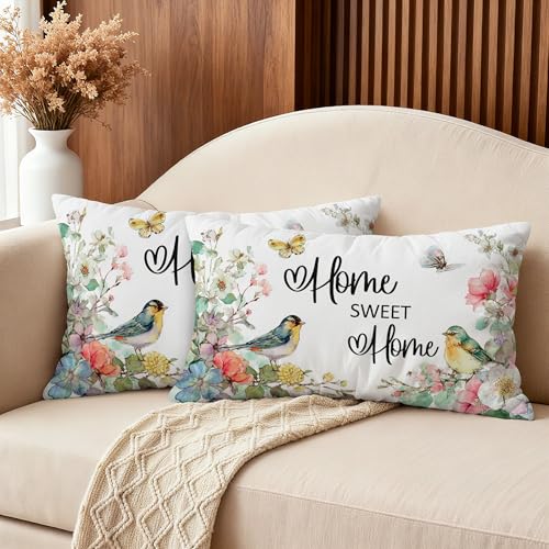 Home Sweet Home Floral Bird Lumbar Pillow Covers - Set of 2, 12x20 Inch