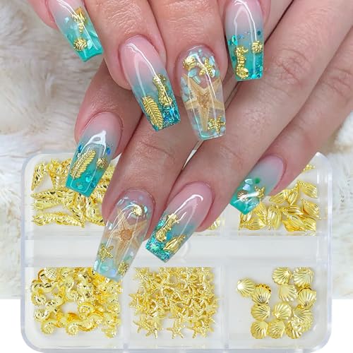 3D Summer Ocean Gold Metal Nail Charms - Seashell Starfish Seahorse