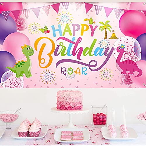 Dinosaur Birthday Backdrop Banner - Pink Photo Background for Girls