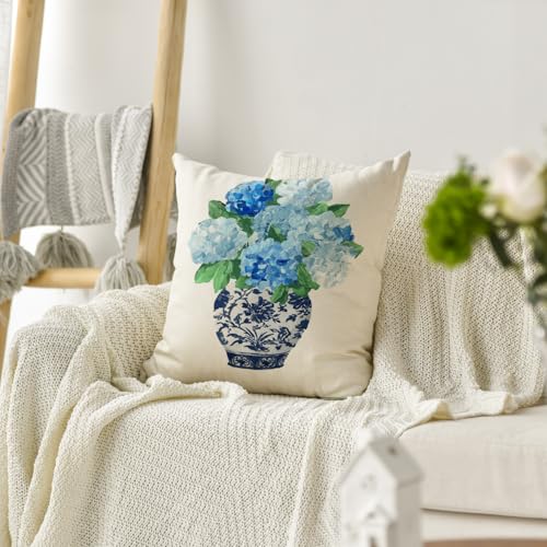Chinoiserie Floral Throw Pillow Cover 18x18 - Blue & White