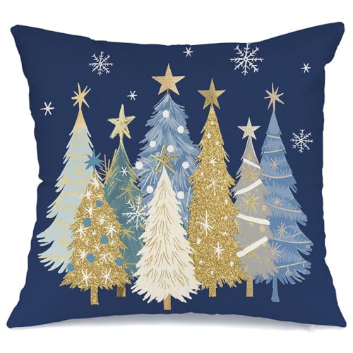Christmas Watercolor Tree Pillow Cover 20x20 Inch Holiday Sofa Decor Blue
