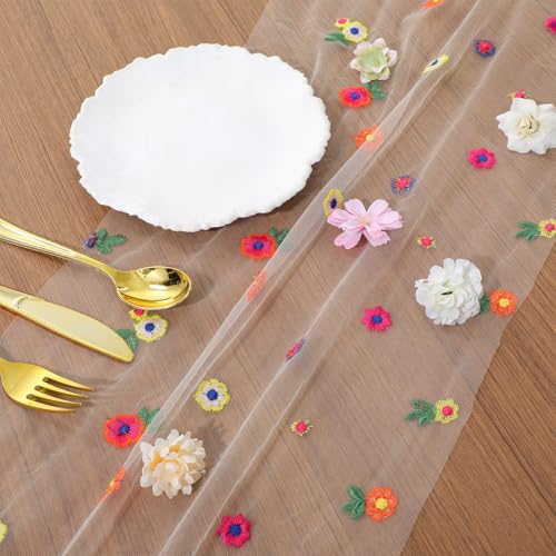 Champagne Embroidered Floral Table Runner Sheer Daisy Dining Decor