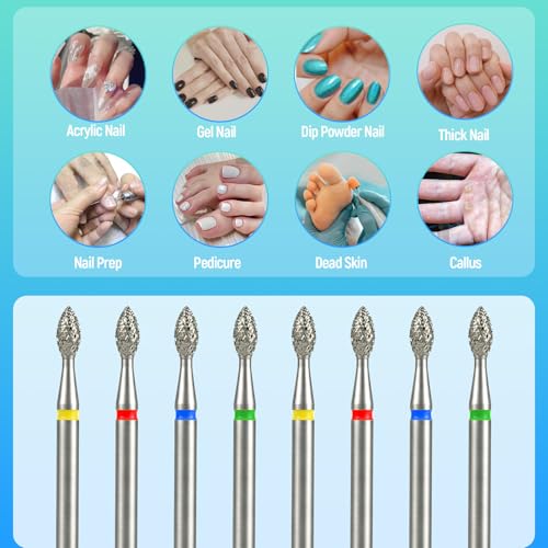 Diamond Flame Cuticle Nail Drill Bits - 8 Pcs 3/32" with Dust Cover