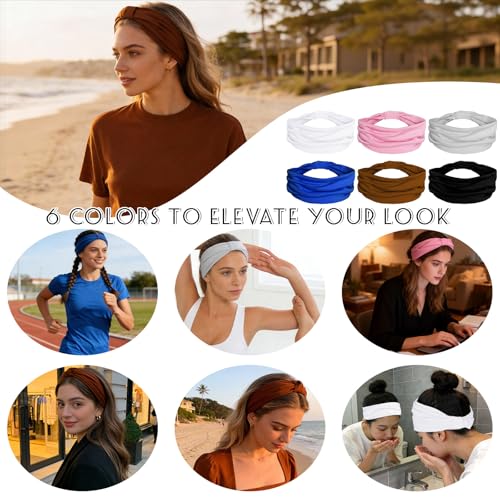 Nydotd 6 Pcs Stretchy Wide Headbands for Women - Soft Sweat-Wicking Non-Slip Hair Bands