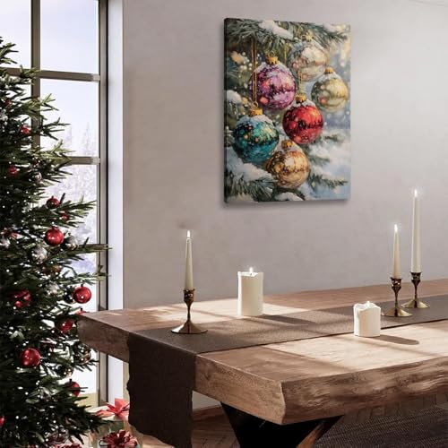 Christmas Tree Canvas Wall Art 12x18 Snow Scene with Baubles - Holiday Decor