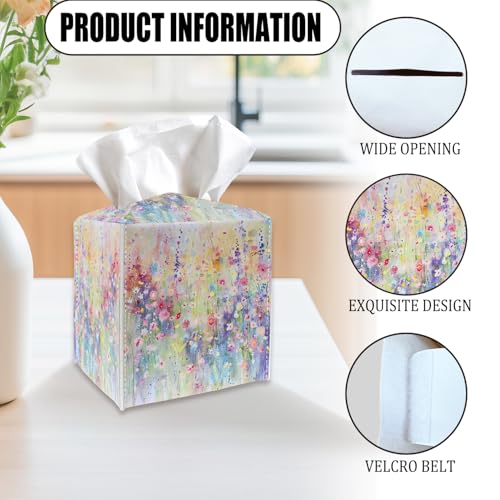 Colorful Flowers Square Tissue Box Cover - PU Leather Holder with Velcro
