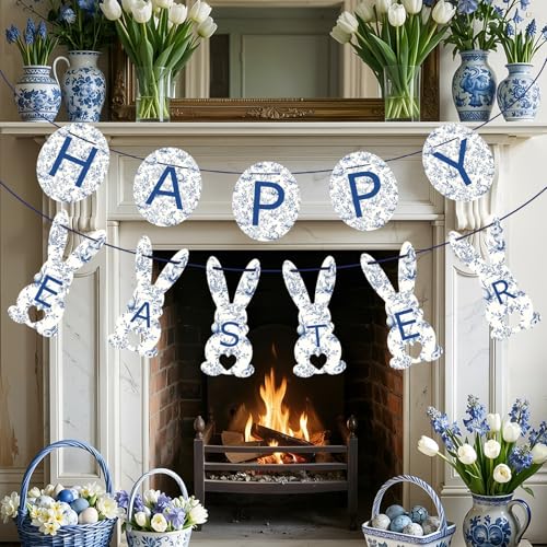 Chinoiserie Easter Banner with Velvet Ribbon - Blue & White Floral Decor