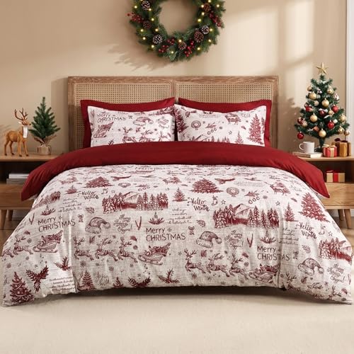 CAROMIO Christmas Duvet Cover Queen Size Red Holiday Printed Bedding Set 90x90