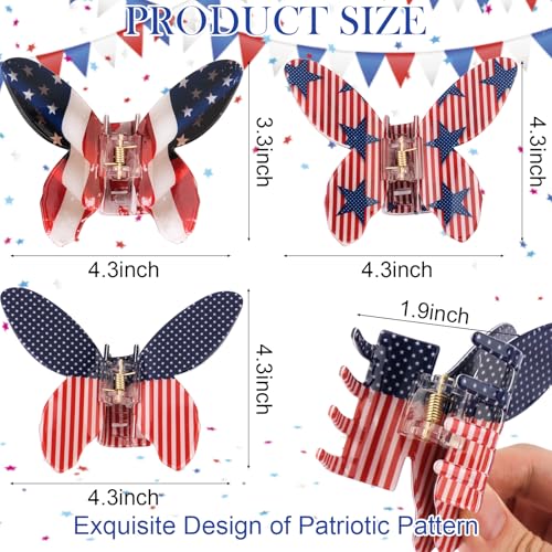 FASOTY Patriotic Butterfly Hair Claw Clips - 3 Pcs Red White and Blue