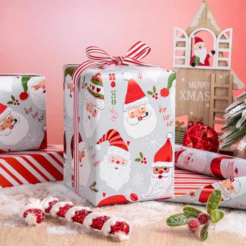 Reversible Christmas Wrapping Paper Roll Ho Santa & Stripe - Mini 17 in x 16.4 ft