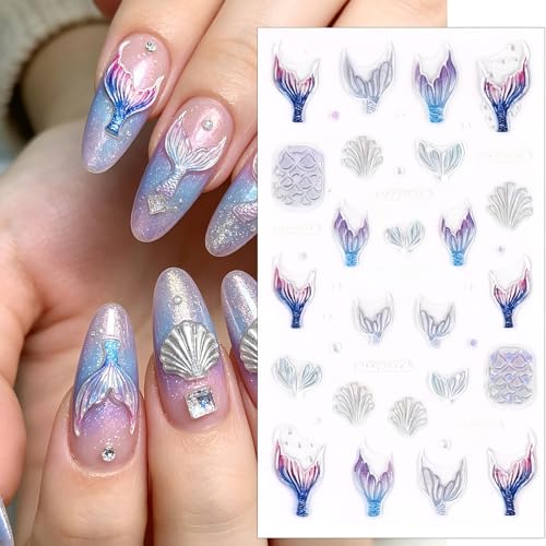 Holographic Mermaid Nail Stickers - 5D Embossed Shell & Scale Decals