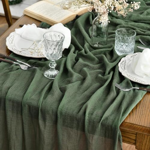 120 Inch Forest Green Boho Cheesecloth Gauze Wedding Table Runner - Seasonal Home Decor