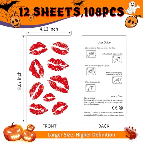 DEXUHE Red Lip Kiss Temporary Tattoos - 108 Pcs Waterproof Fake Lip Print Stickers for Halloween and Parties