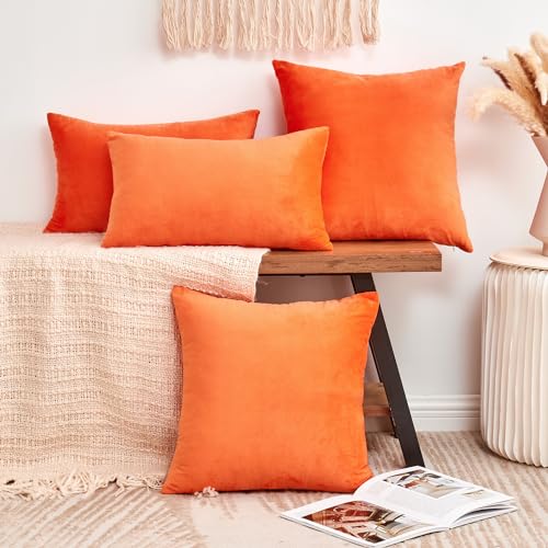 Bright Orange Fall Velvet Throw Pillow Covers Set of 2 18x18 Inches - Farmhouse Boho Decor