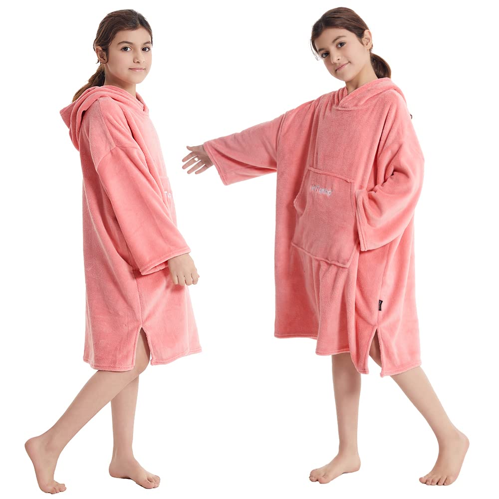 Hiturbo Kids Towel Changing Robe: Soft Plush Wearable Blanket - Warm Coral Fleece Hoodie - Swim Surf Poncho for 5-12 Years (Pink)