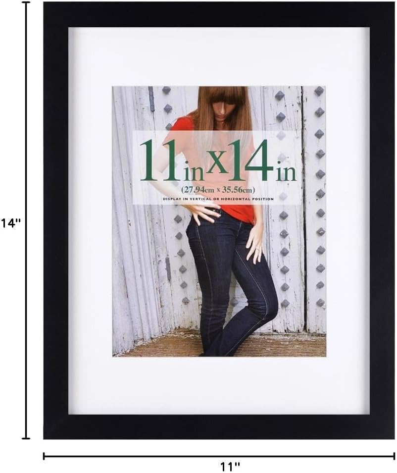 RPJC 11x14 Inch Picture Frame - Solid Wood & High Definition Glass | Displays 8x10 with Mat or 11x14 Without Mat, Black