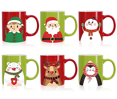 Christmas Ceramic Mug Set 6 Pack - Santa Snowman Reindeer & Penguin 12oz Holiday Coffee Cups