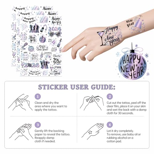 INCOK 2026 New Year Temporary Tattoos - 8 Sheets Disco Party Favors