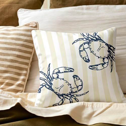 Coastal Beach Yellow Crab Pillow Cover 18x18, Linen Texture Throw Case